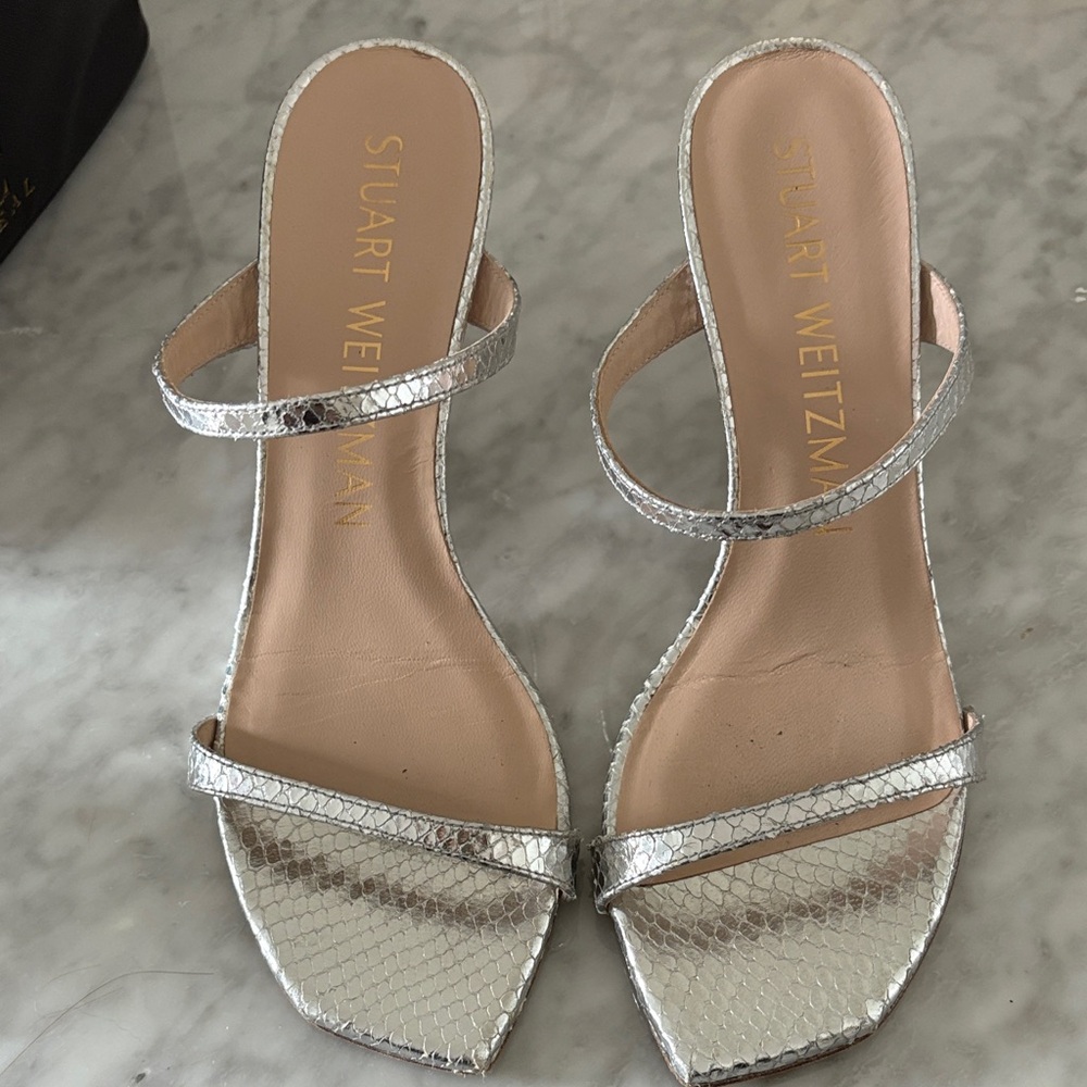 Stuart Weitzman Silver Metallic Strappy Heels | 3" Heel | Size 8 | Wedding Guest
